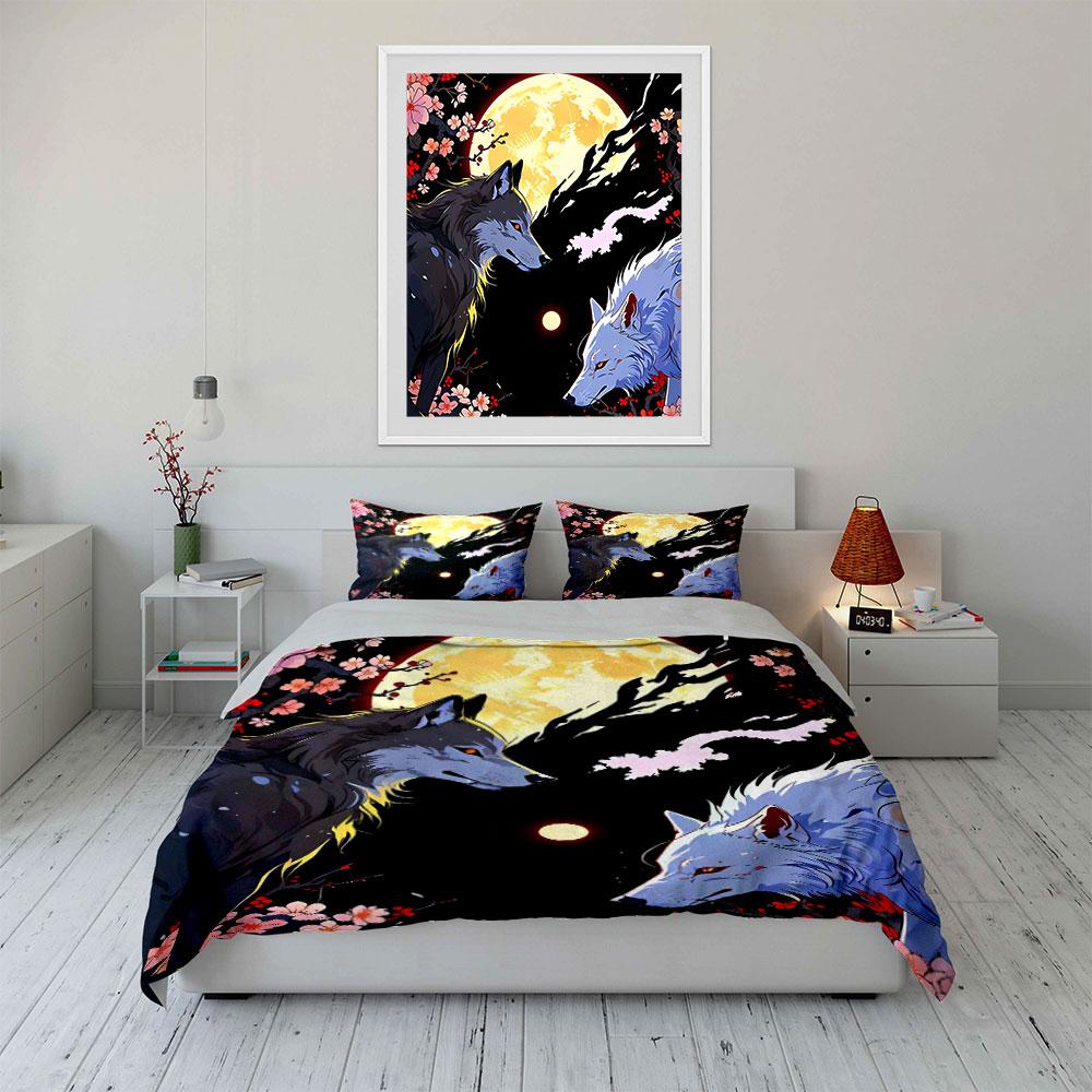 Wolf-Themed Art Set: Night Harmony Exquisite three-piece bedding set gift for kids and adults