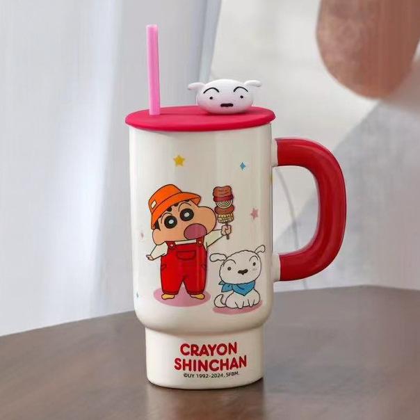 Crayon Shin Shirt Mug with Lid Straw Cup Office Casual Cup Summer Ceramic Water Cup Large Capacity
