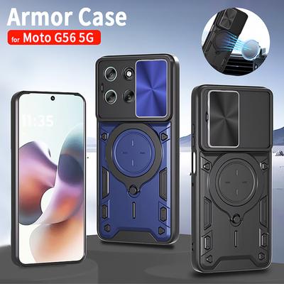 For Motorola Moto G56 5G Case Armor Silicone Shockproof Slide Lens Phone Cover for MotoG56 G 56 5G Car Magnetic Ring Stand Funda