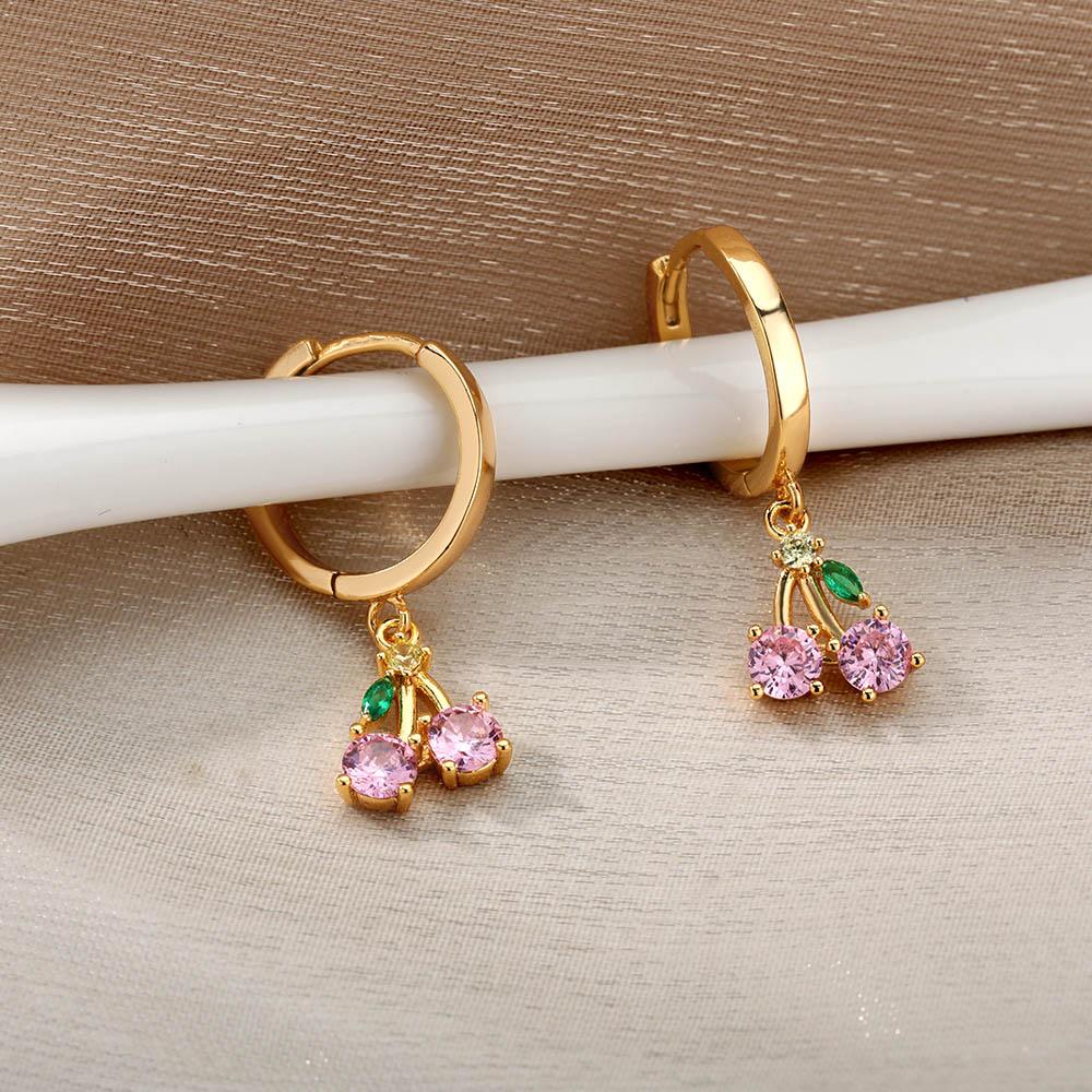 Crystal Fruit Cherry Drop Earrings For Women Stainless Steel Pink Cherry Earring Femme Fairy Fashion Boho Jewerly Gift