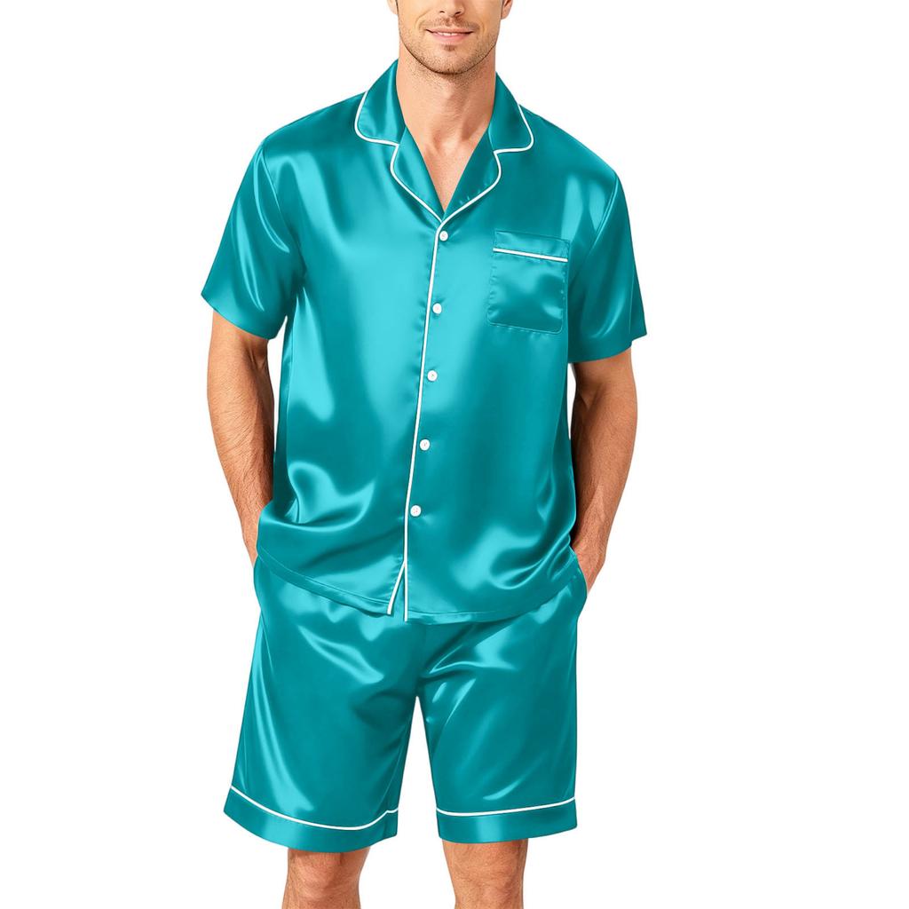 Men's Short Sleeve Button Down Pajama Set with Sleep Shorts Soft Casual Two-Piece Nightwear for Home Size S-4XL