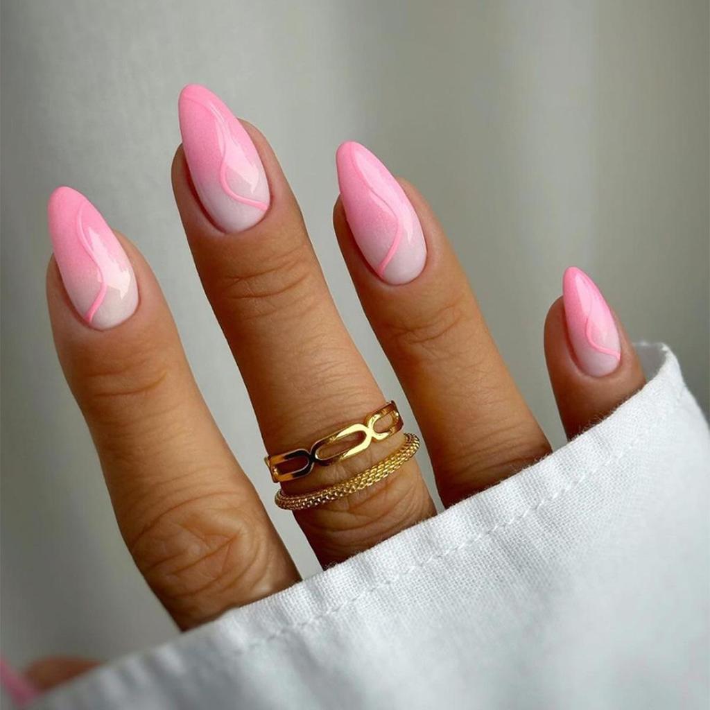 Glossy Pink Almond-Shaped Press-On Nails - Minimalist & Cute French Style