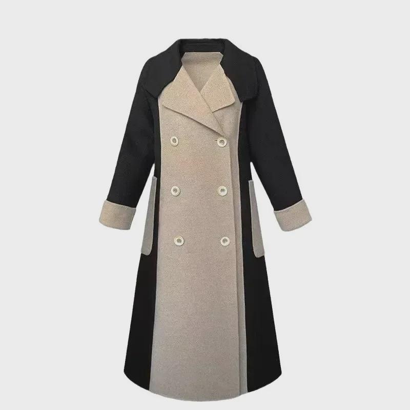 Women's Long Woolen Coat - 2024 Winter European & American Color-Block Hepburn Style Slim Coat