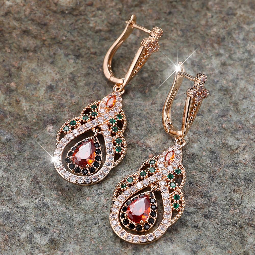 Trendy Crystal Red Zircon Drop Water Hoop Earrings For Women Vintage Gold Color Wedding Jewelry