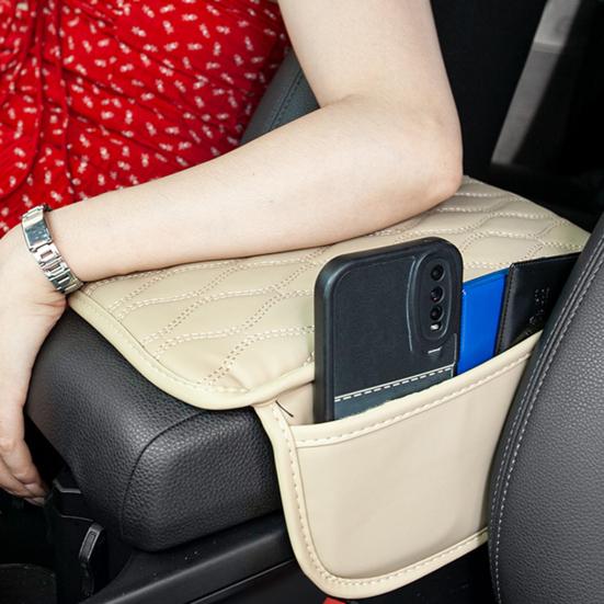 Car Armrest Cushion Center Console Protector Pad with Storage Pocket Faux Leather Heightening Armrest Pillow for Most Cars