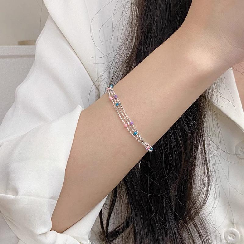 925 Silver Multicolour Bead Bracelet For Women Three Layers Geometry Drip Glaze Versatile Jewelry Dropship