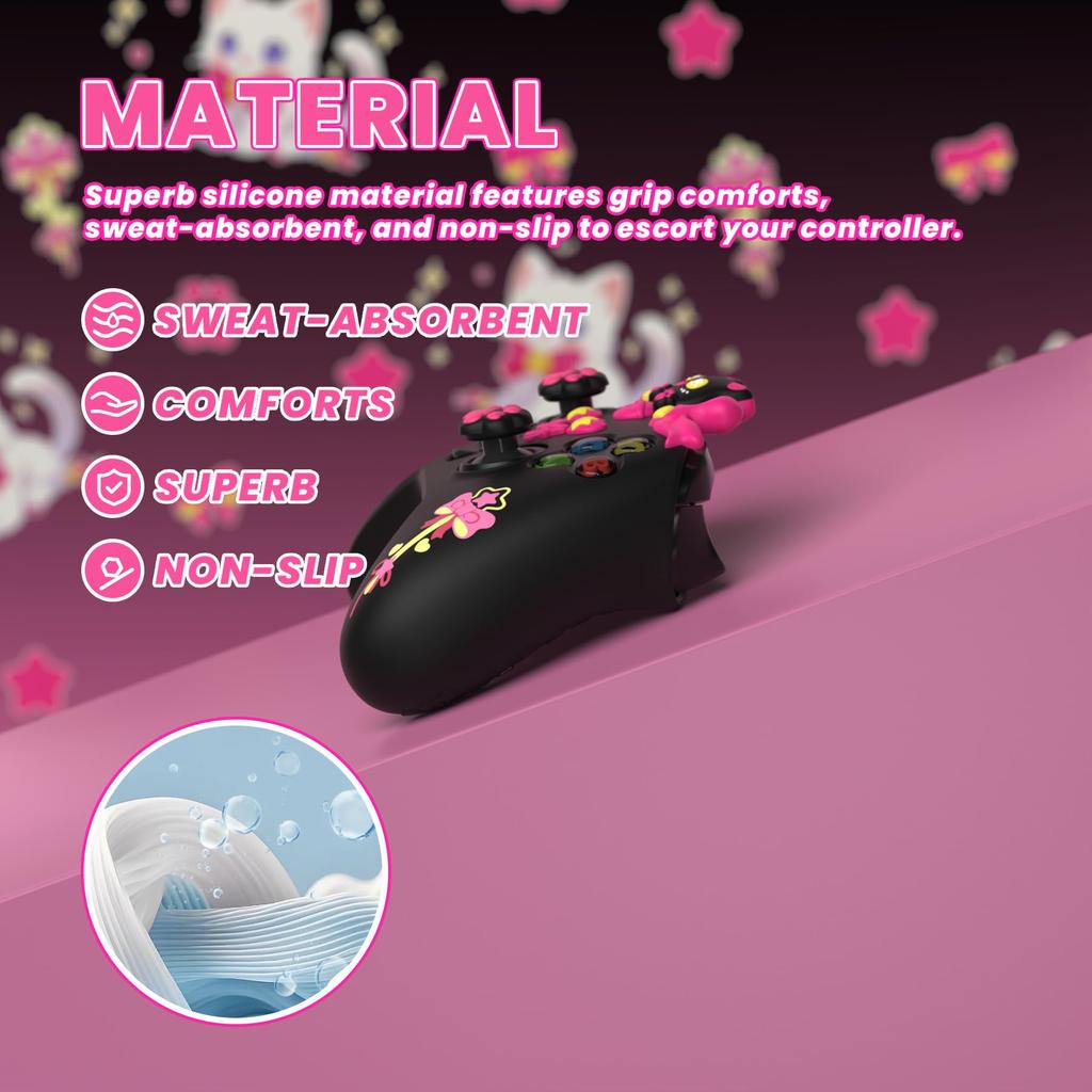 PlayVital Sweetheart Kitty Silicone Cover for Xbox Series Includes Thumb Grips and Cute Grip Cover X/S Controllers, Stickers, Design, Non-Slip [Black]