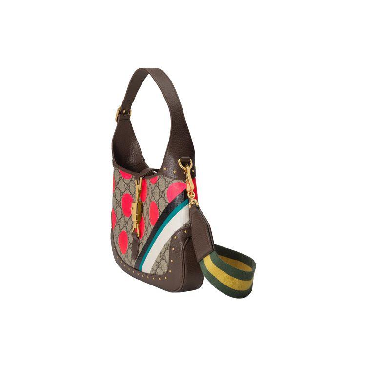 Gucci Jackie 1961 Gold Lock Dot Print Removable Extended Shoulder Strap Canvas And Leather Trim Half Moon Underarm Bag 678843-UQHIG-9885