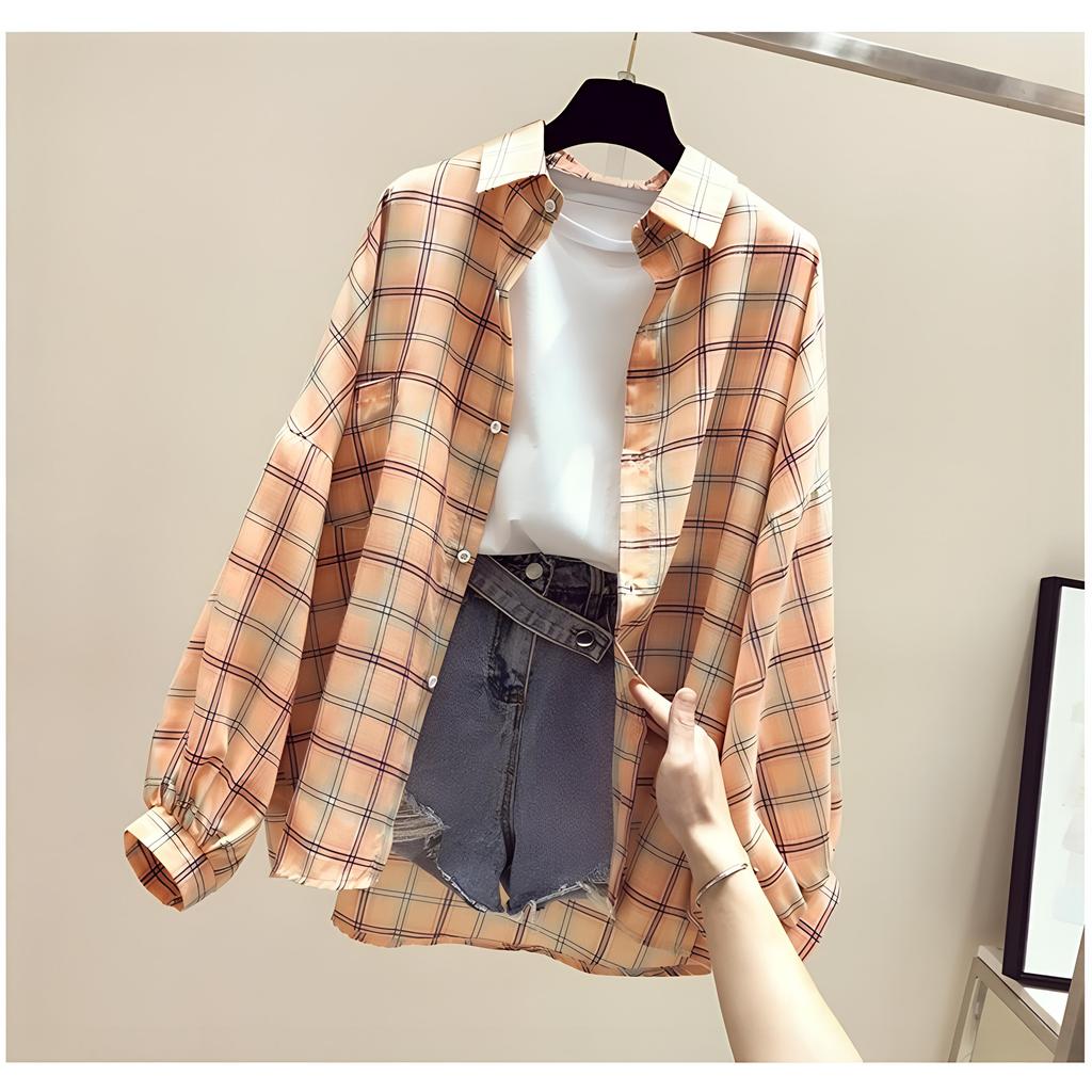 Spring Summer Fashion Women's Vintage Plaid Chiffon Blouse - Long Sleeve Loose Casual Shirt for Sun Protection & Daily Wear shirts
