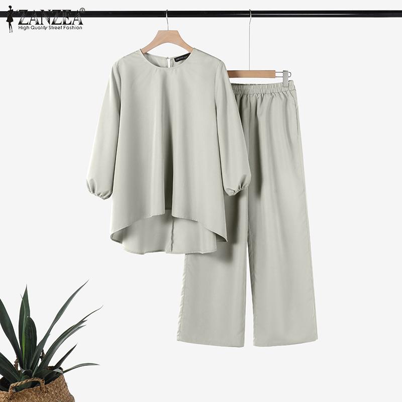 ZANZEA Women High Low Hem and Pants Casual Two Piece Suit Sets