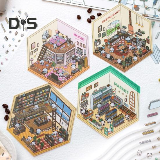 4Pcs DIY Scene Stickers 3D Miniature House Stickers Set Reusable Easy To Use DIY Projects Bookstore Scene Stickers