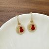 Guochao Wine Red Wood Board Gourd Rhinestone Clip Earrings - Stylish, Versatile Design for Commuting