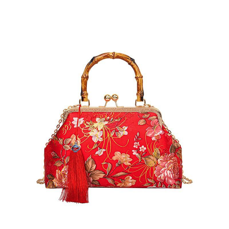 

National Style High-class Socialite Clip-on Handbag Retro Cheongsam Satin Dinner Single-shoulder Cross-body Bag червоний