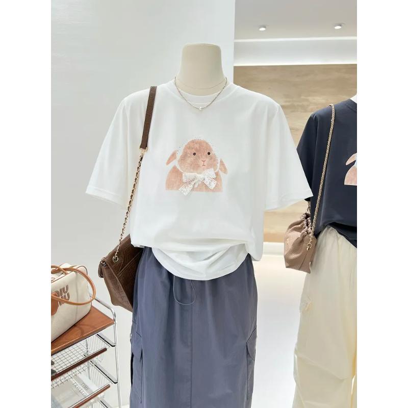 

Women s Cute Lamb Print Short Sleeve T-Shirt Loose Casual Cotton Tee Black White Two Colors S білий