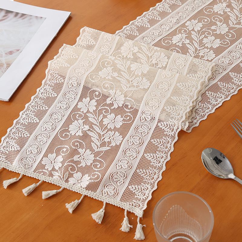 Elegant Nordic White Lace Table Runner with Crochet Tassels - Perfect for Dining or Coffee Tables, Ideal for Christmas Decor.