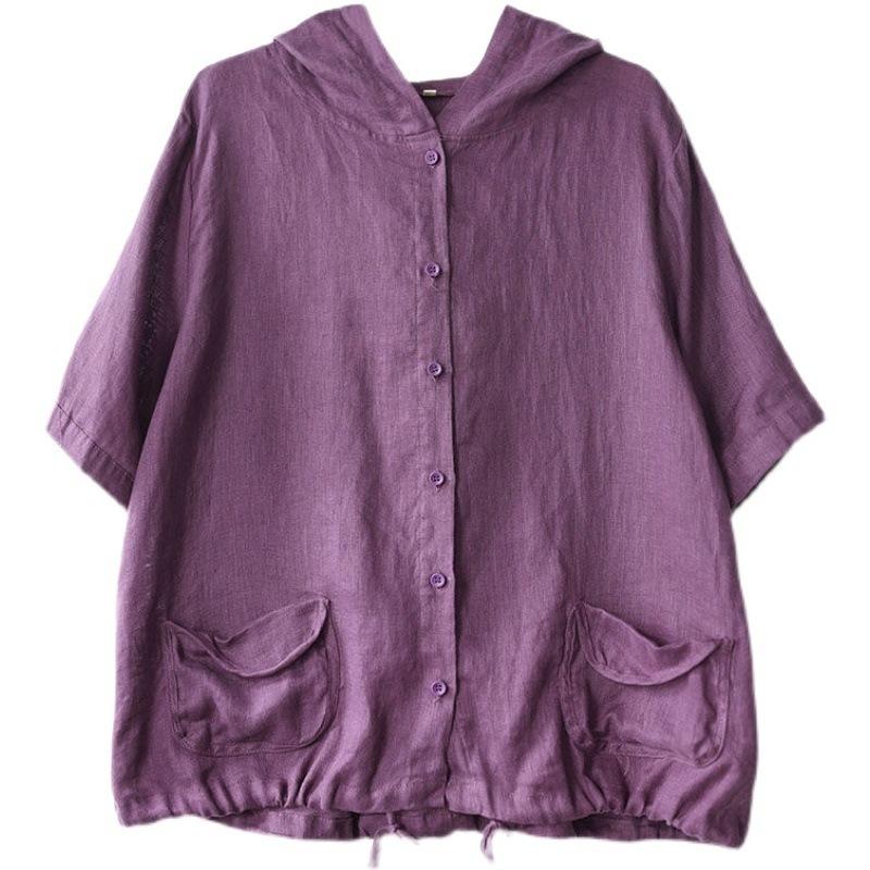 Cardigan oversize estivo alla moda da donna, con cappuccio, in cotone e lino, viola caffè, casual, ampio, taglie forti, vintage, da donna, sottile.