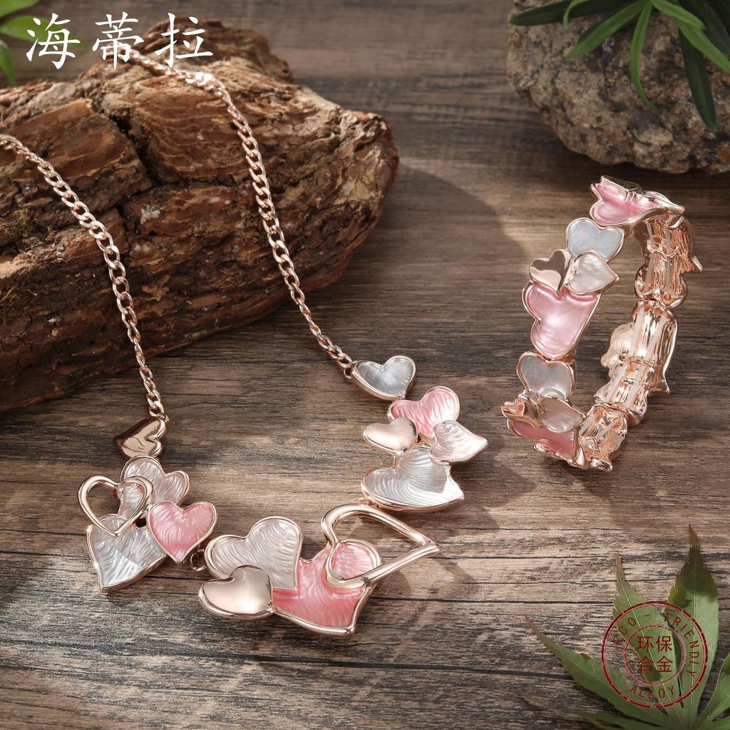 Color Painting Oil Hollow Love Bracelet Necklace Set, Versatile Love Bracelet Necklace