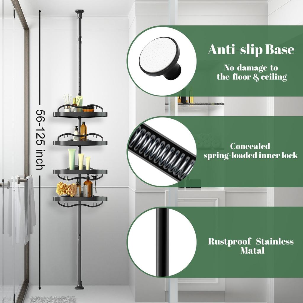 Bathroom Adjustable Tension Pole Corner Shower Caddy with ABS Rustproof Stainless Steel No Drill Shower Large Shower Storage Shelf for Rack, 140-310cm