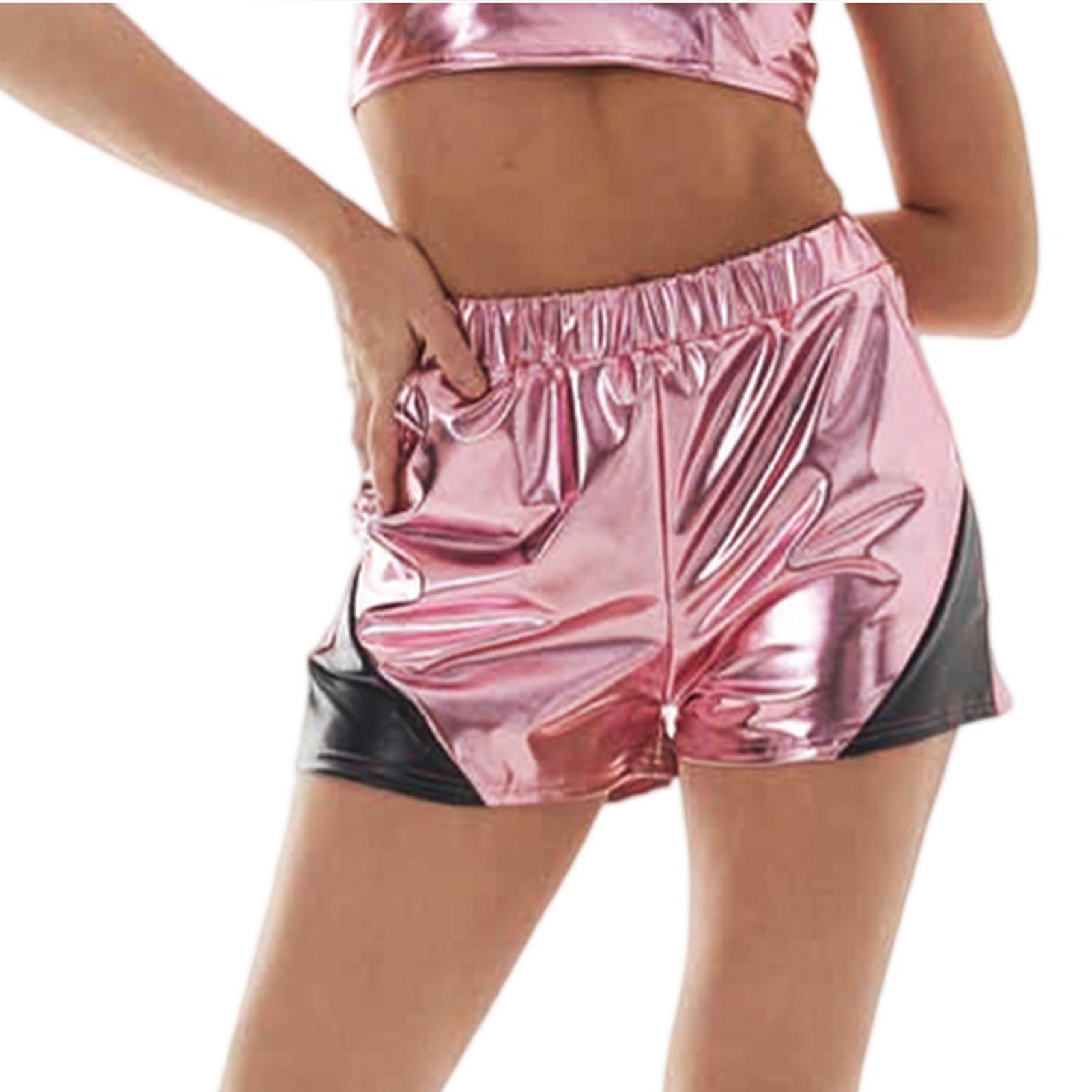

Женские модные свободные шорты из искусственной кожи в стиле колор-блок с карманами и эластичным поясом XL розовый