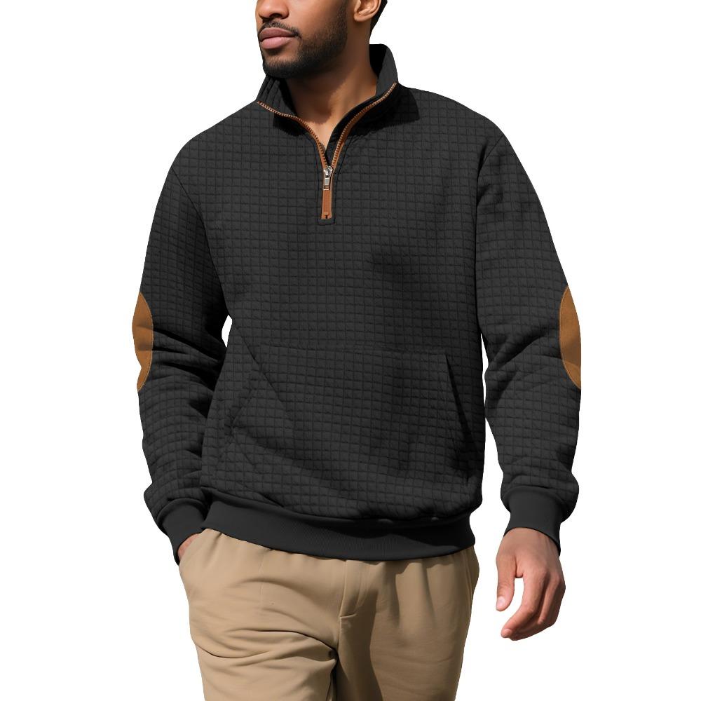 Autumn/Winter Men's Casual Sweatshirt Jacquard Small Check Pattern Stand Collar Zip-Up Loose Fit Top