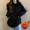 Women's Double-Sided Fleece Hooded Button-Up Loose Long-Sleeve T-Shirt, Slimming Trendy Top - Autumn/Winter 2025