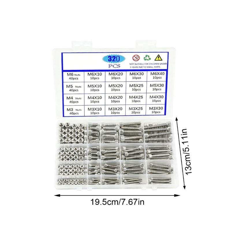 320pcs High Strengths Corrosions Resistant Stainless Steel 304 Fastener Multiple Sizes Nuts Bolts In Organized Case