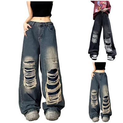 Pantalones vaqueros rasgados vintage para mujer, pantalones vaqueros holgados de pierna recta y pierna ancha