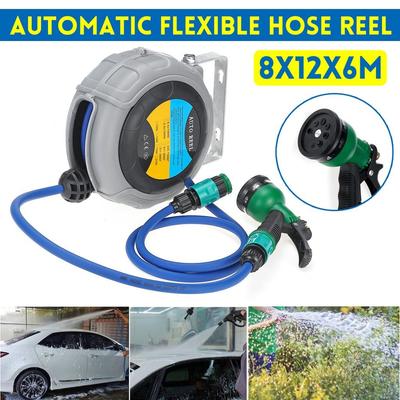 Automatischer Aufroller Einziehbarer Schlauch TPU Klemmrohr Bewässerungssprüher Gartenschlauch Wassersprühgerät Werkzeug für die Autoreinigung Grau Flexibler Schlauchaufroller 8x12x6M