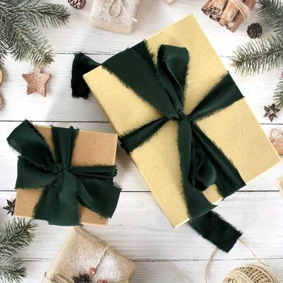 Fringe Chiffon Ribbon Set - 2Rolls, Dark Green, for Bouquet Wrapping, Handmade Crafts, and Gift Packaging - Ideal for Wedding Invites and Decorations