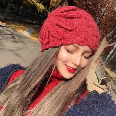 Autumn and Winter Korean Versatile Trendy Retro Elegant Three Dimensional Flower Horse Haimao Hollow Knitted Warm Woolen Hat