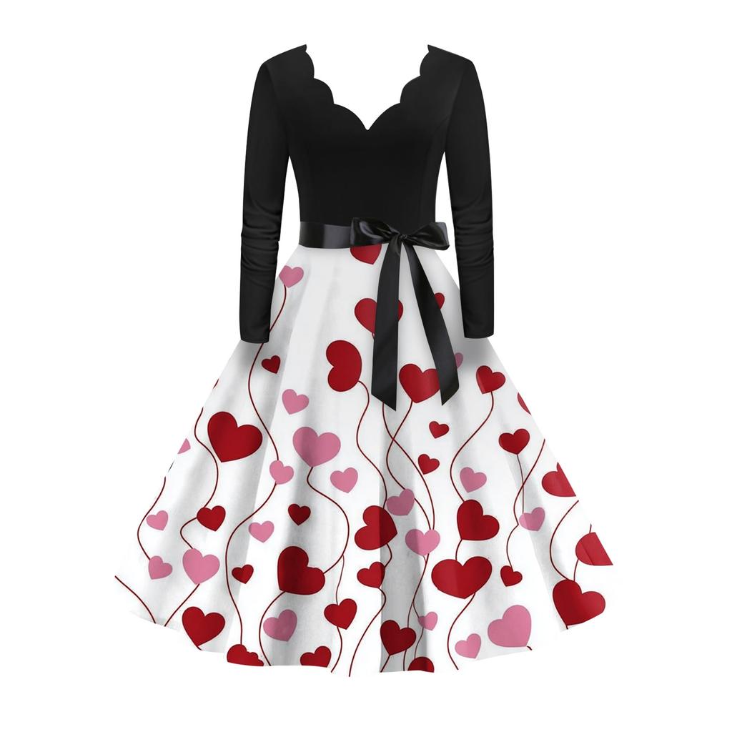 Damska stylowa i elegancka sukienka z długim rękawem, dekoltem w serek w kształcie serca na Walentynki