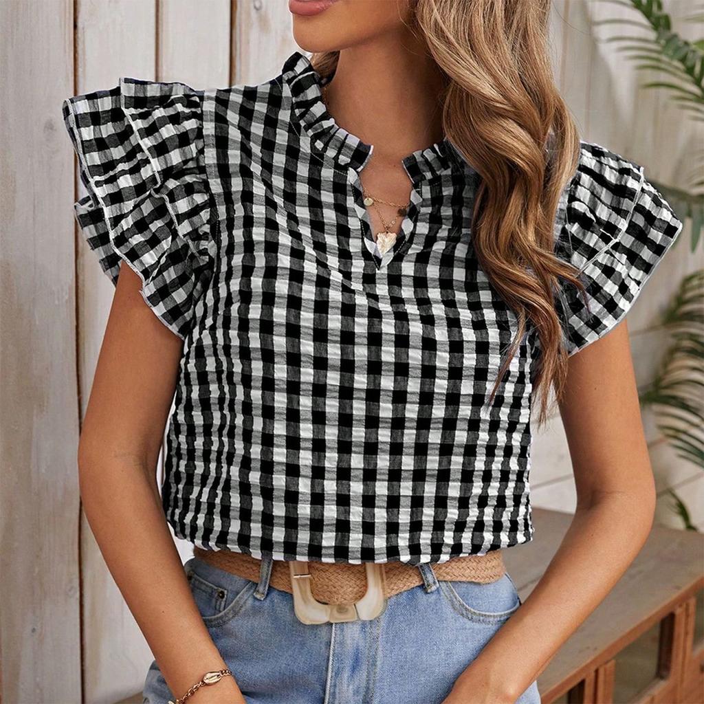 Women's Summer Fashion V-neck Checkered Short Sleeved Ruffled Sweet And Cute Top
