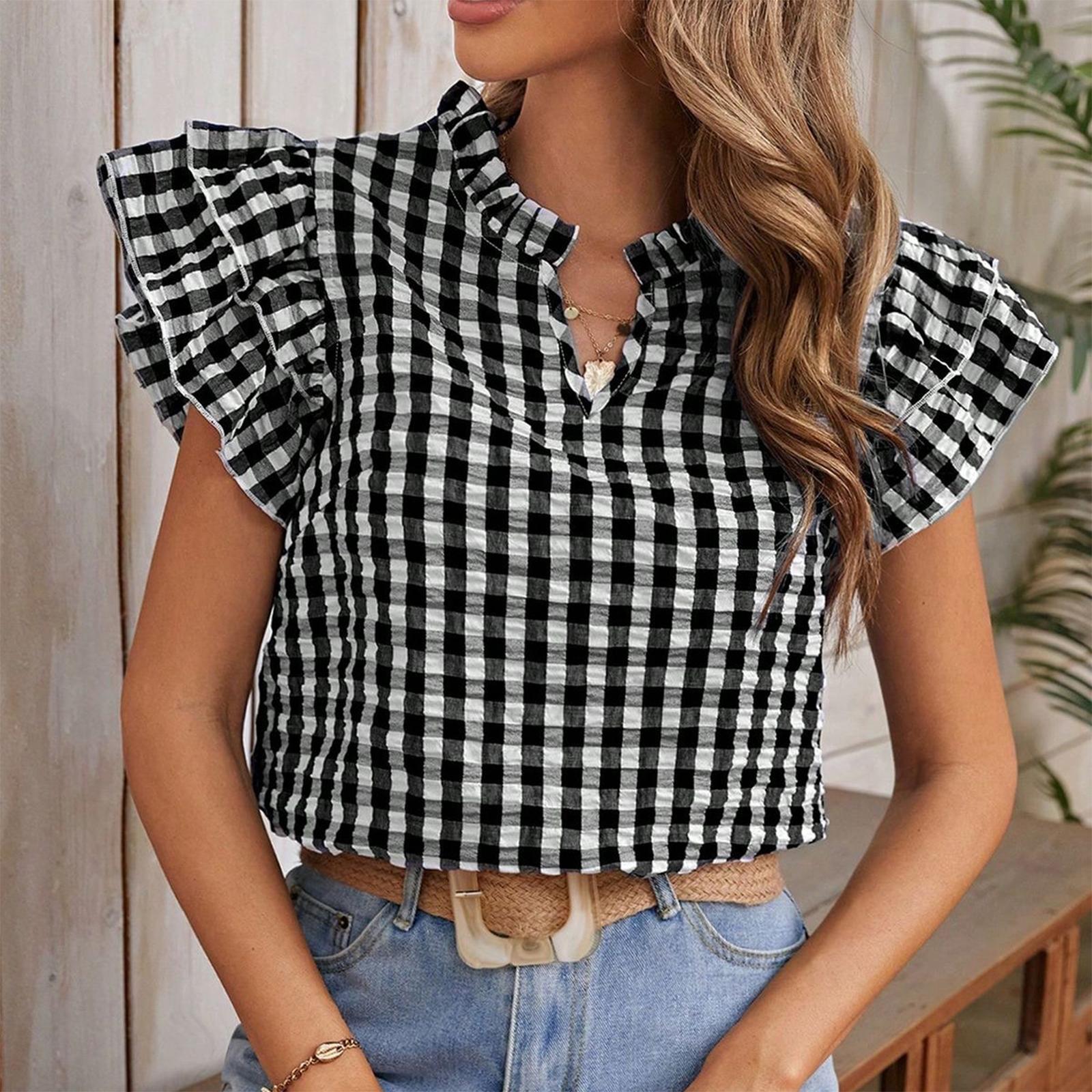 Women s Summer Fashion V-neck Checkered Short Sleeved Ruffled Sweet And Cute Top L чёрный