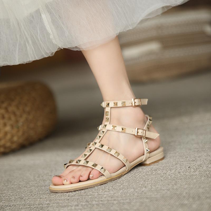 Fashion Women's New Spring/Summer Round Head Genuine Leather Cowhide Metal Rivet Low Heel Large Open Toe Roman Sandals