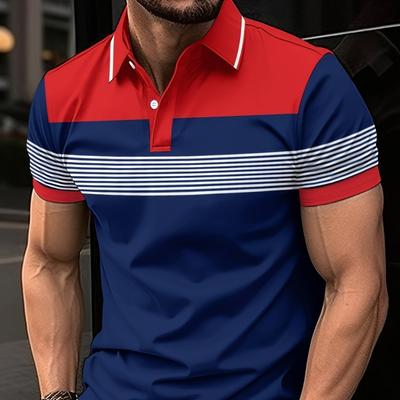 Men's Casual Polo Shirt Button Striped Versatile T-shirt Top