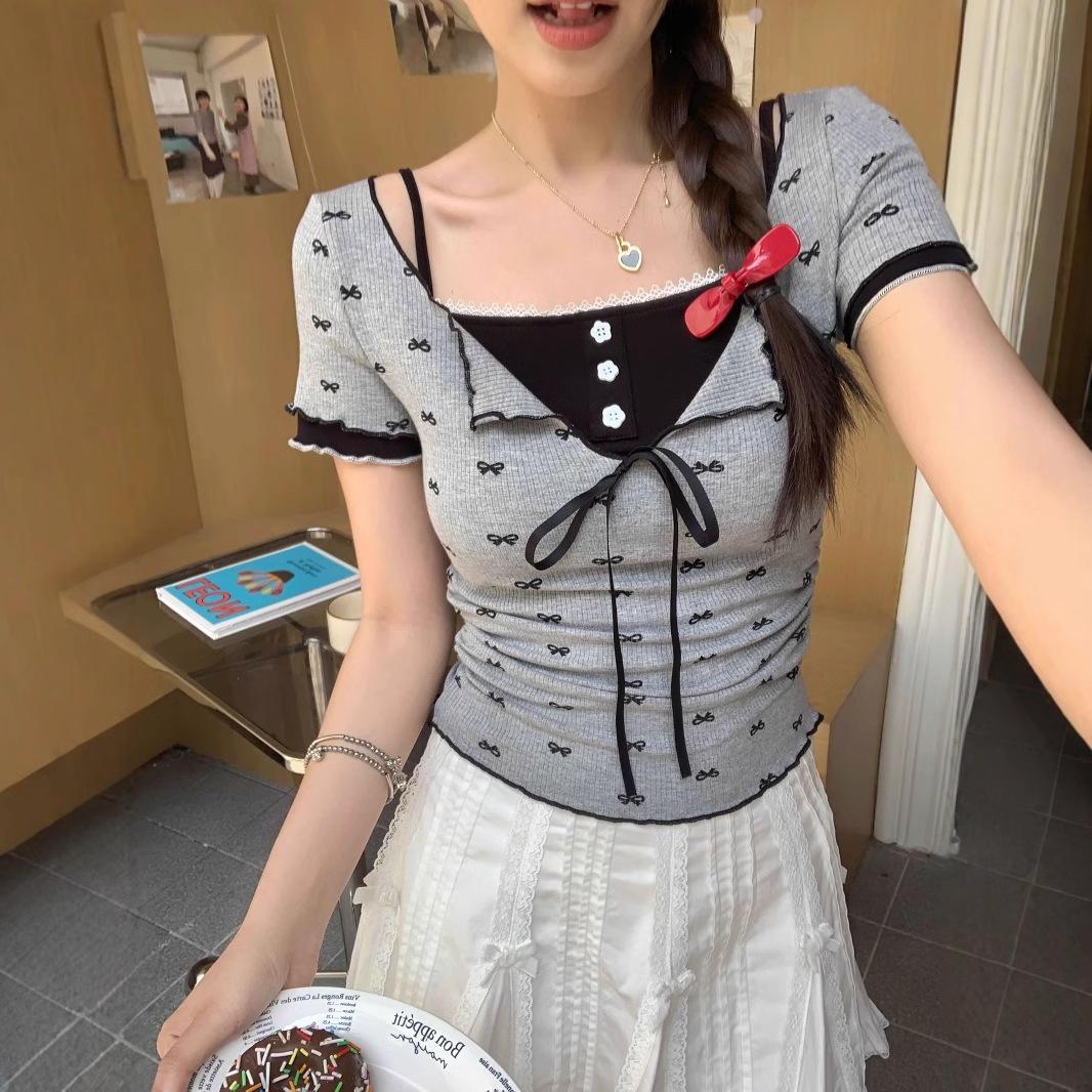 

Сладкий и пикантный кружевной пэчворк, бант на плече, приталенный, с коротким рукавом, женский летний топ One Size [Premium Version] серый