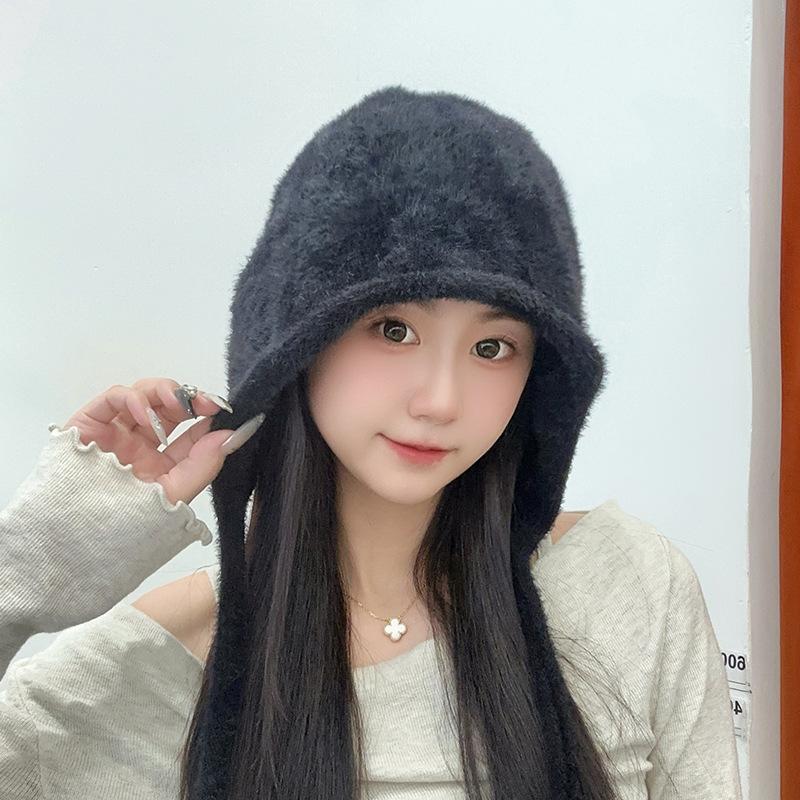 Small Knitted Hat for Women with Autumn and Winter Warm Plush Hat for Students Sweet and Cute Ear Protecting Hat Straps for Head Hat Trendy