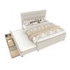 (=WX000502AAA) Polsterbett, 140x200cm, Doppelbett mit drei Schubladen, Ausziehbett, Verstellbares Kopfteil, Ohne Matratze, Beige