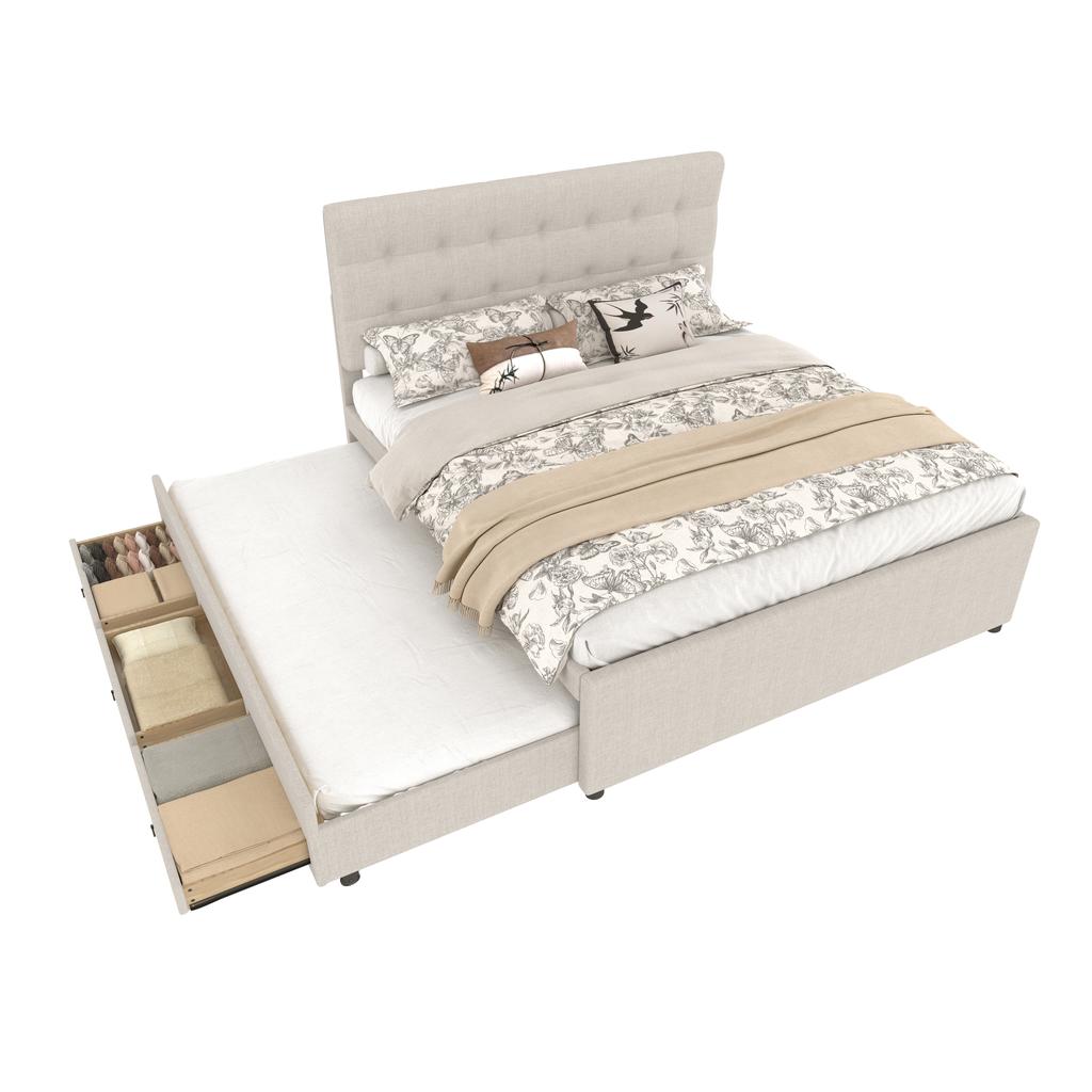 (=WX000502AAA) Polsterbett, 140x200cm, Doppelbett mit drei Schubladen, Ausziehbett, Verstellbares Kopfteil, Ohne Matratze, Beige