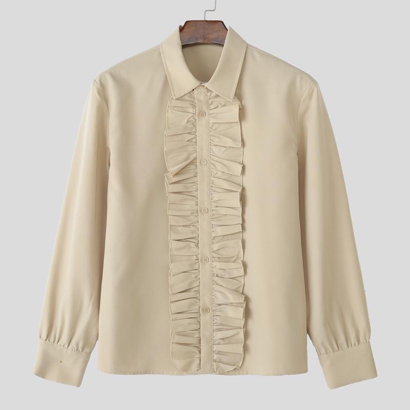 

INCERUN Oversized Men Lapel Neck Long Sleeve Ruffled Casual Elegant Shirts 5XL