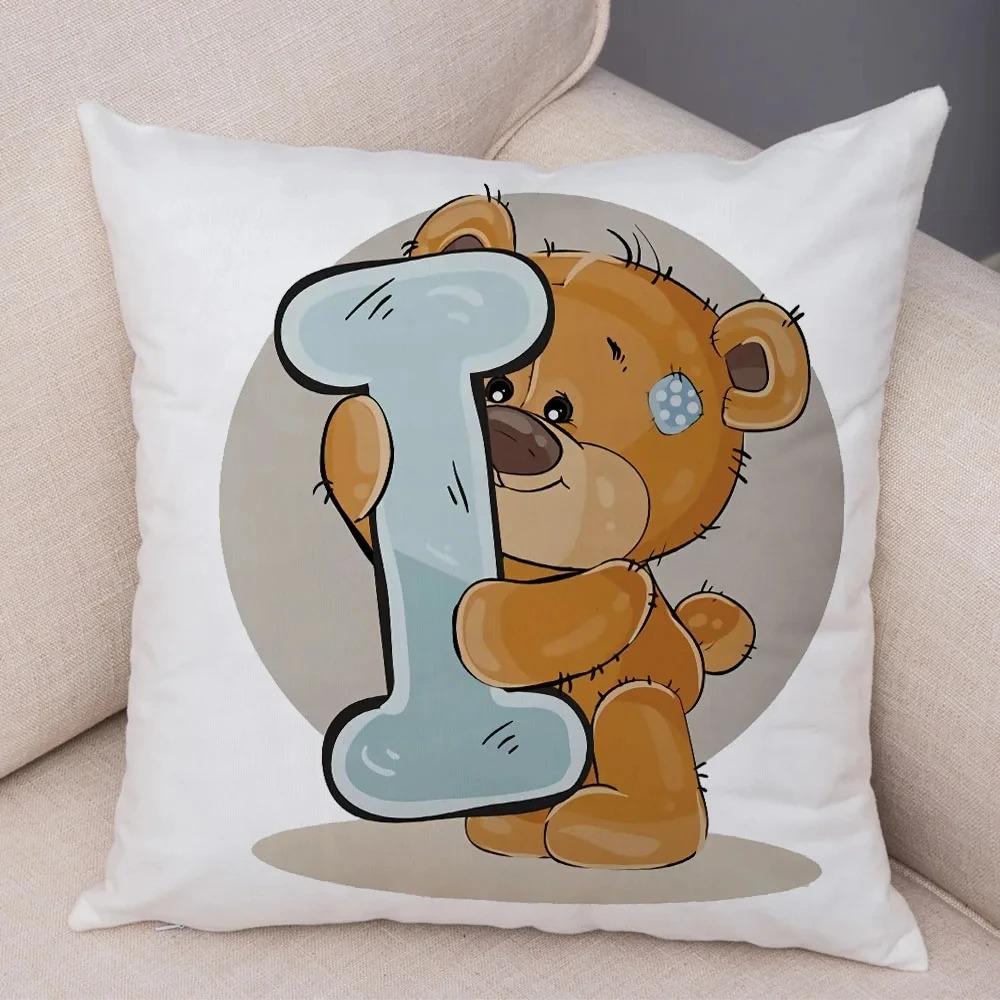 Cute Cartoon Bear Animal Cushion Cover Sofa Children'S Room English Letter Print Pillowcase With Zipper Cushion Cover