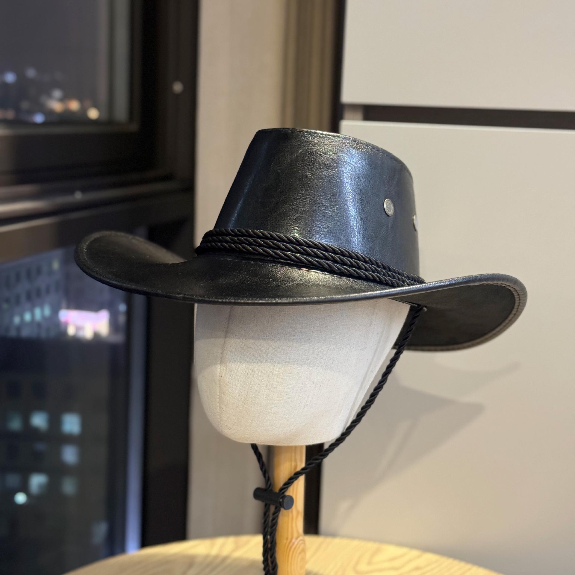

Vintage American-style leather western cowboy hat for men and women, couple s outdoor travel wide-brimmed sun hat, seaside jazz hat Adult54-60Average Size чёрный