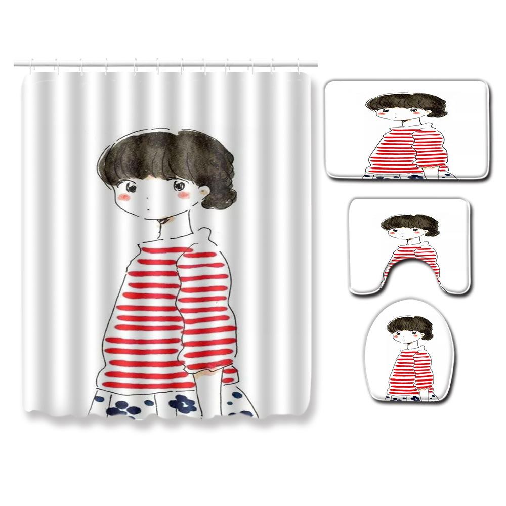 Gestreifte Quadratische Badezimmer Duschvorhang Bodenmatte WC-Deckel Fußmatte Vierteiliges Set
