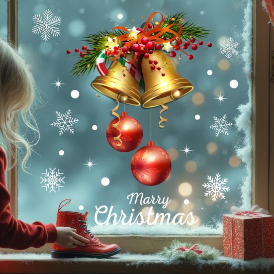 Christmas Jingle Bell Window Cling Removable Waterproof PVC Winter Merry Christmas Static Glass Sticker Holiday Party Decoration Decal