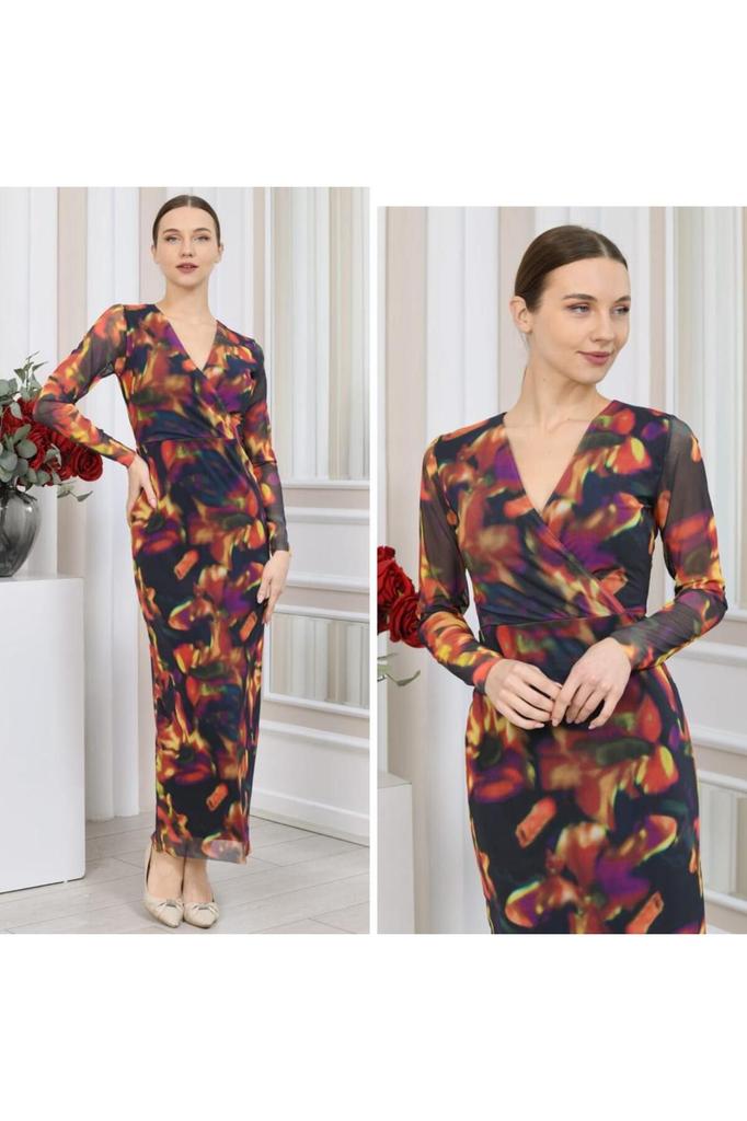 Women's Big Size Dress V-Neck Lycra Printed Tulle Dress