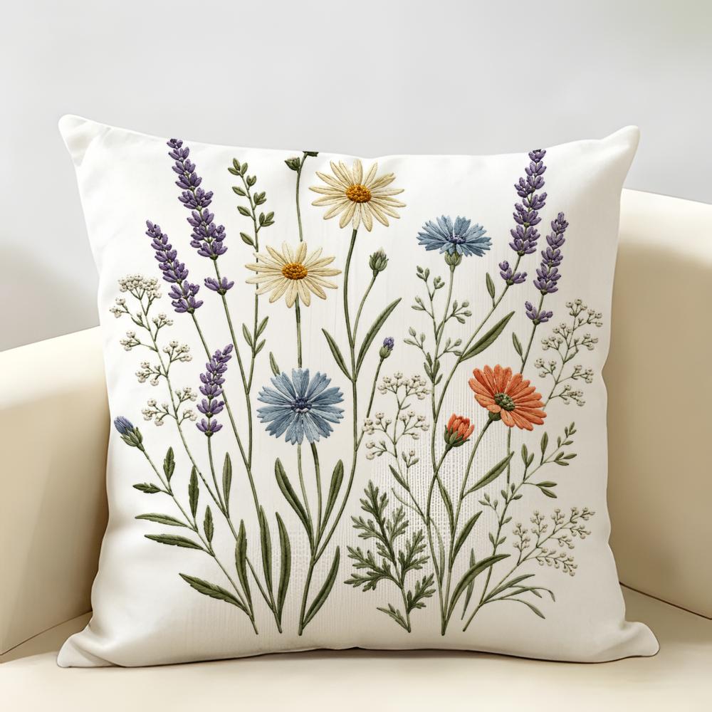 Federa Cuscino Fiori Ricamati Colorati Lino Naturale Tessuto Biologico Stampa Double-Face Traspirante Perfetta Per Arredo Casa
