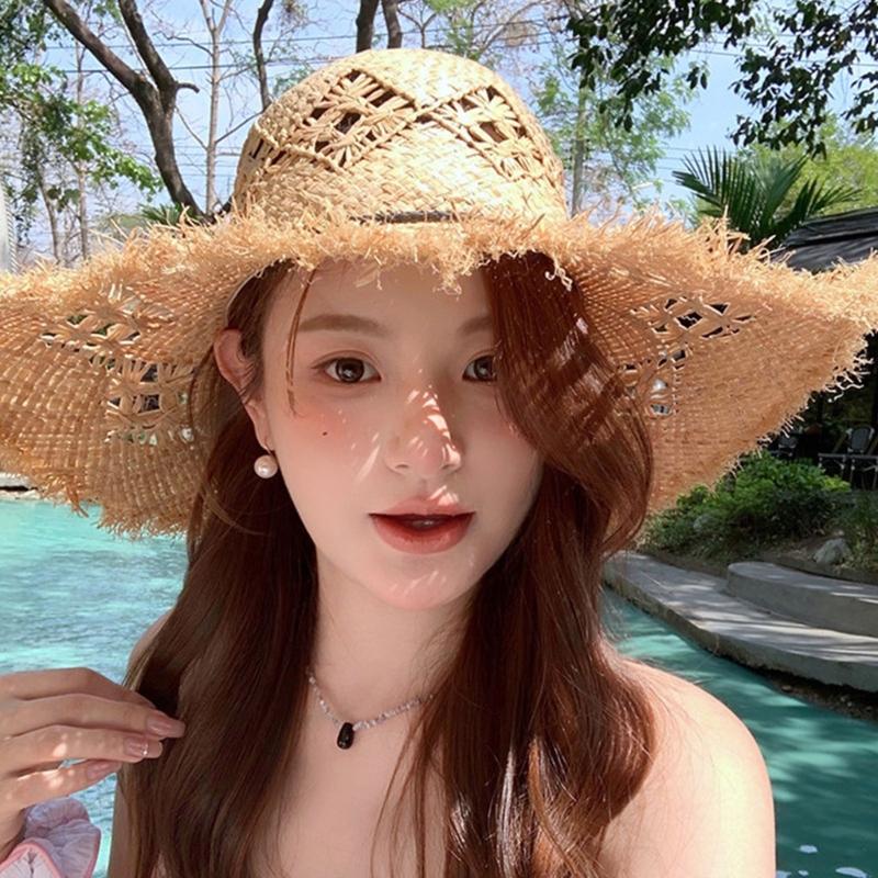 Elegant Raffia Sun Hat With Wide Brimmed And Breathable Openwork Design For Beach Vacation And Outdoor Activities
