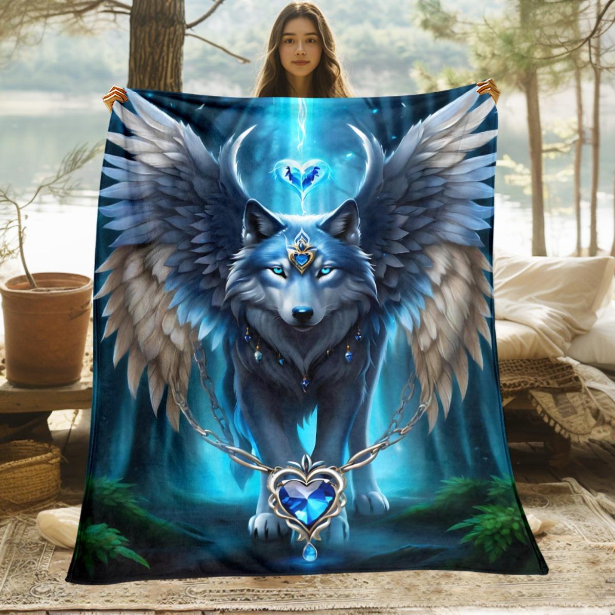 Winged Wolf Northern Lights Flannel Blanket Extra Large Throw for Bed Sofa Camping Heavy Duty All Season Fantasy Home Decor 75X95CM