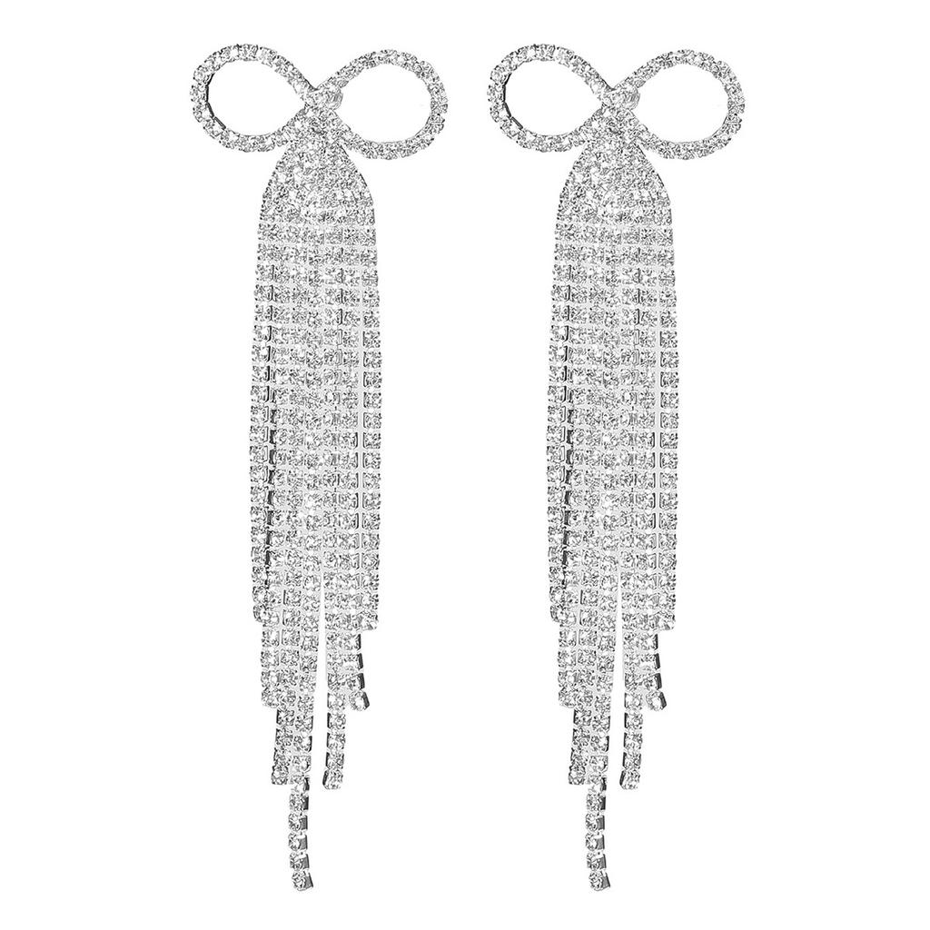 Luxury Shiny Diamond Long Fringed Bow Earrings