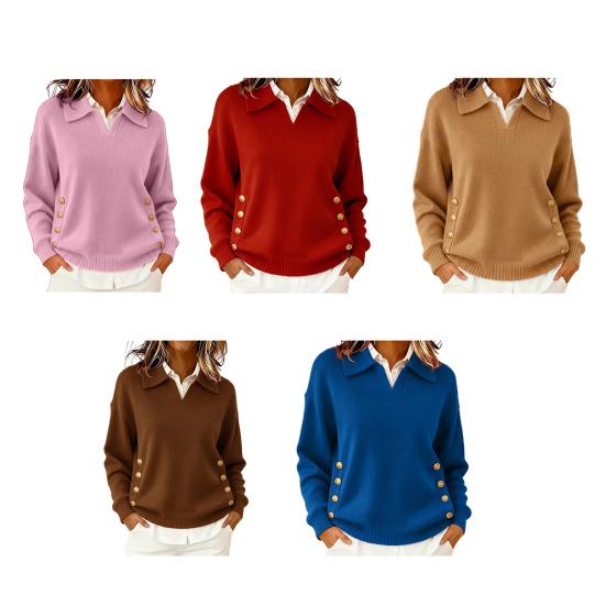 Damen Pullover Revers Langarm Locker Geschnitten Einfarbig Strickoberteile mit Knöpfen Taschen Herbst Winter Pullover